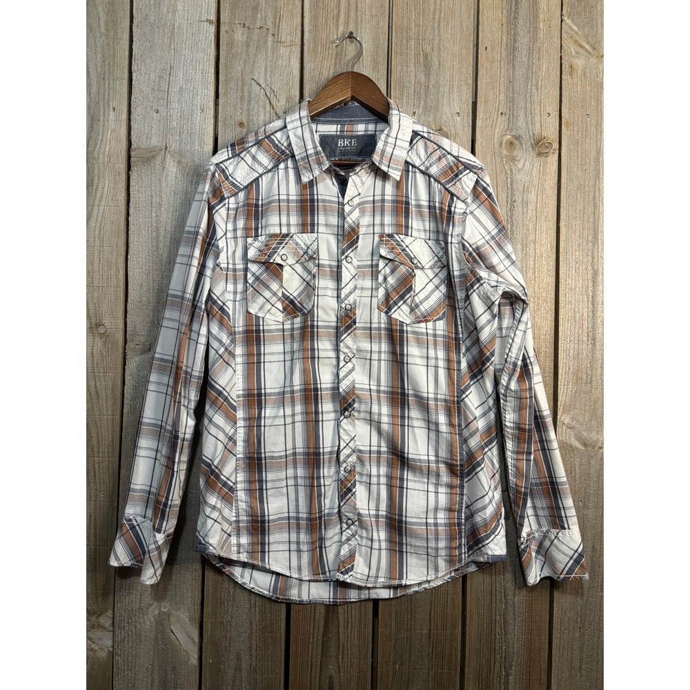 BKE Mens Standard Fit Plaid Western‎ Snap Shirt White Brown Navy B2441 Large